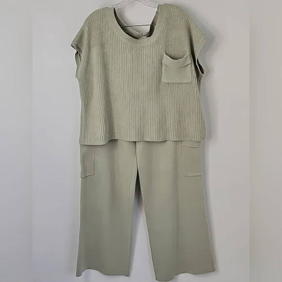 Sincerely Jules Sage Knit Set Wide Leg Pant wCargo Pockets Ribbed Sleeveless Top - Picture 9 of 12